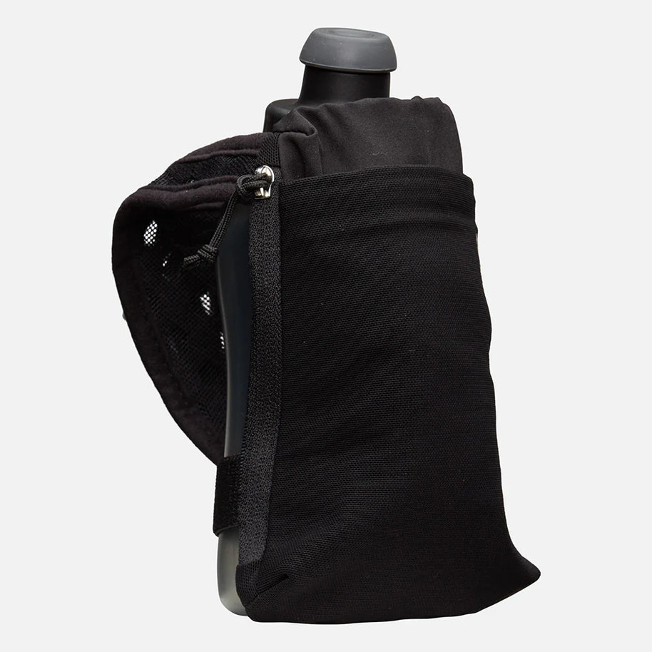 SpeedDraw 2 Flask 12oz by Nathan in black with ergonomic no-slip grip, power mesh pocket for smartphones, and zippered pocket for running gear.