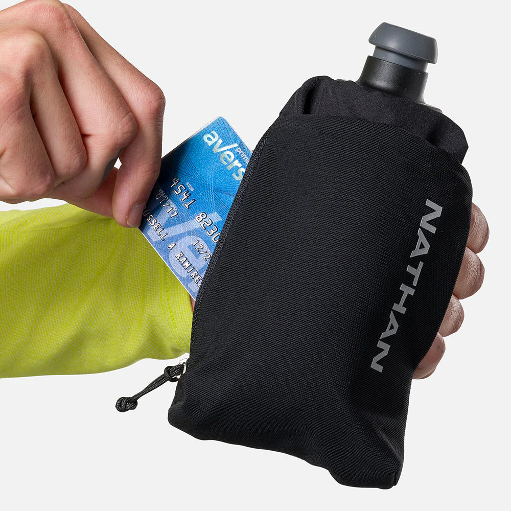 Nathan SpeedDraw 2 Flask 12oz black with ergonomic grip, power mesh pocket for smartphones, zippered pocket for cards, ideal for running.