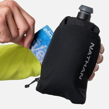 Nathan SpeedDraw 2 Flask 12oz black with ergonomic grip, power mesh pocket for smartphones, zippered pocket for cards, ideal for running.