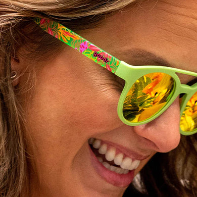 Need for Seed by Goodr in bright green with pink and orange plant-inspired design, lightweight glasses for proud plant parents in USA-based store