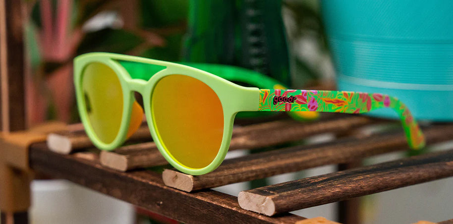 Need for Seed by Goodr in light green with floral patterned arms, lightweight glasses inspired by plant parents, USA-based brand