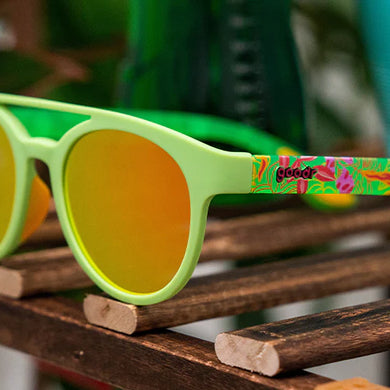 Need for Seed by Goodr in light green with floral patterned arms, lightweight glasses inspired by plant parents, USA-based brand