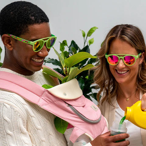 Need for Seed sunglasses by Goodr in green and pink, reflective lenses, stylish eyewear for proud plant parents and outdoor use