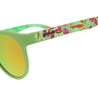 Need for Seed by Goodr in green and floral pattern, lightweight sunglasses for plant parents with vibrant mirrored lenses, USA-based design