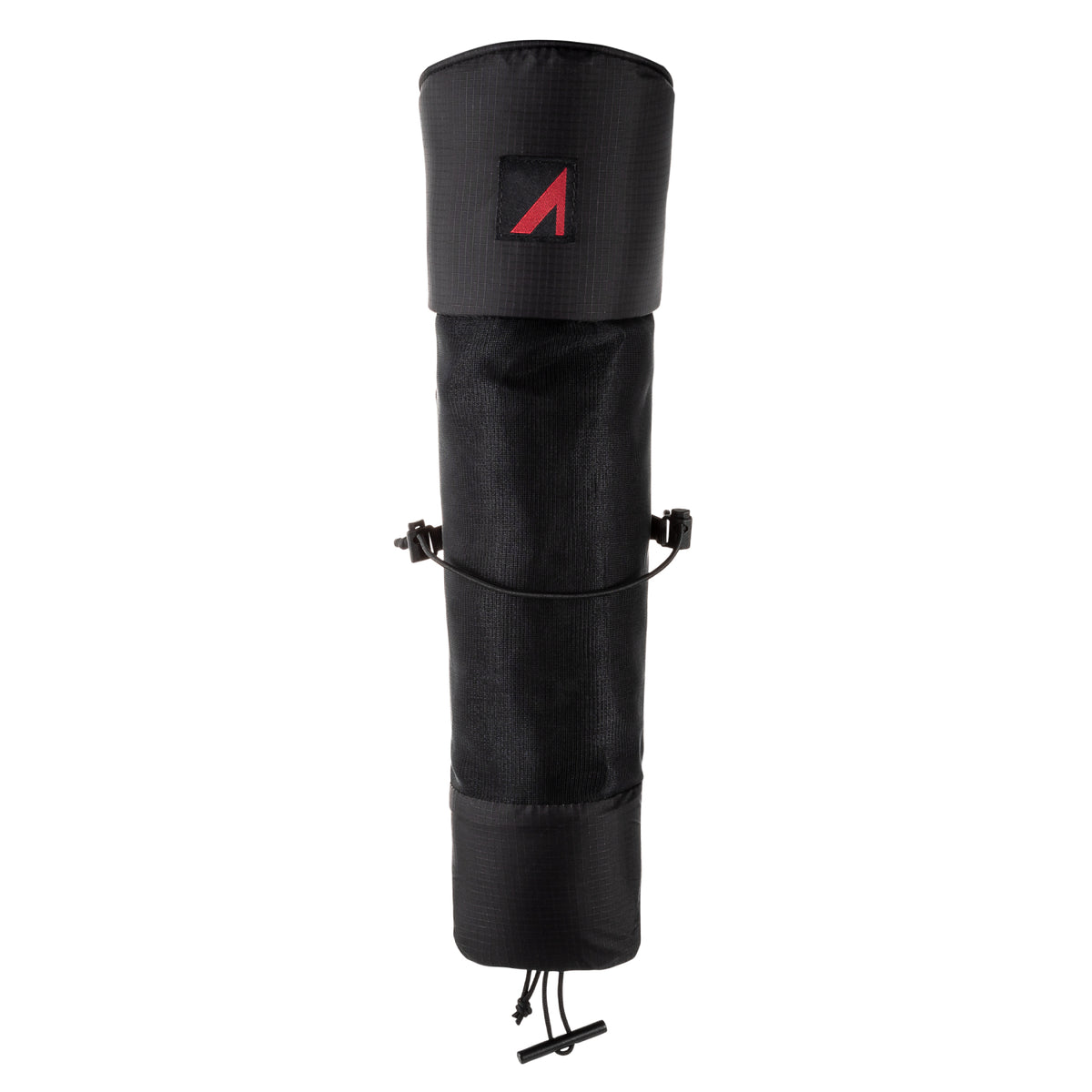UltrAspire Pole Quiver in Black, black ripstop quiver with padded top, red logo and drawcord base, front view