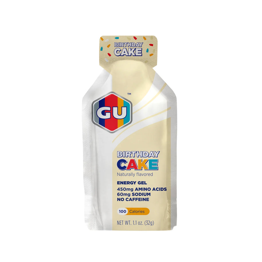 Original Energy Gel by GU Energy in birthday cake flavor, natural energy gel with amino acids and no caffeine for sustained activity energy