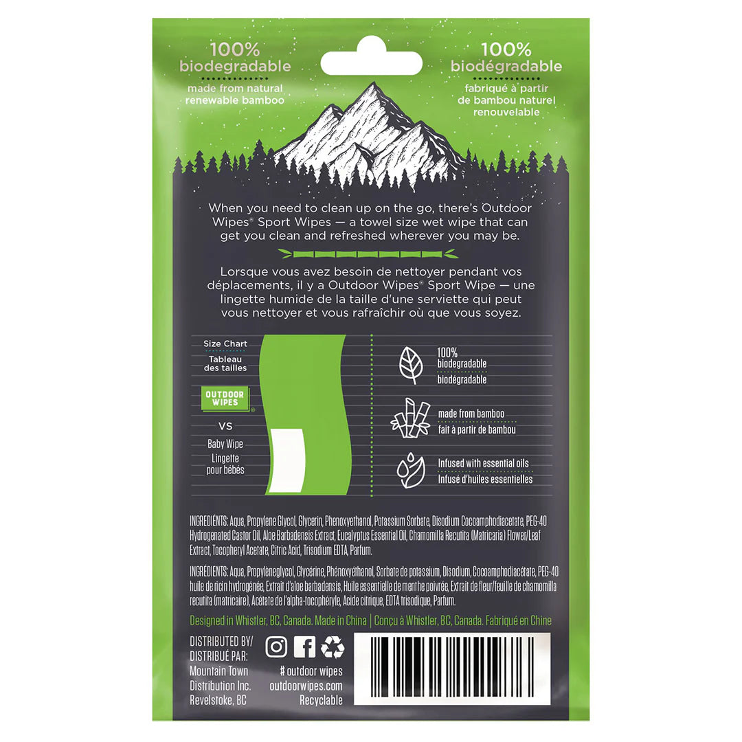 Sport Wipes by Outdoor Wipes in green packaging, biodegradable bamboo body care wipes for cleaning and refreshing on the go