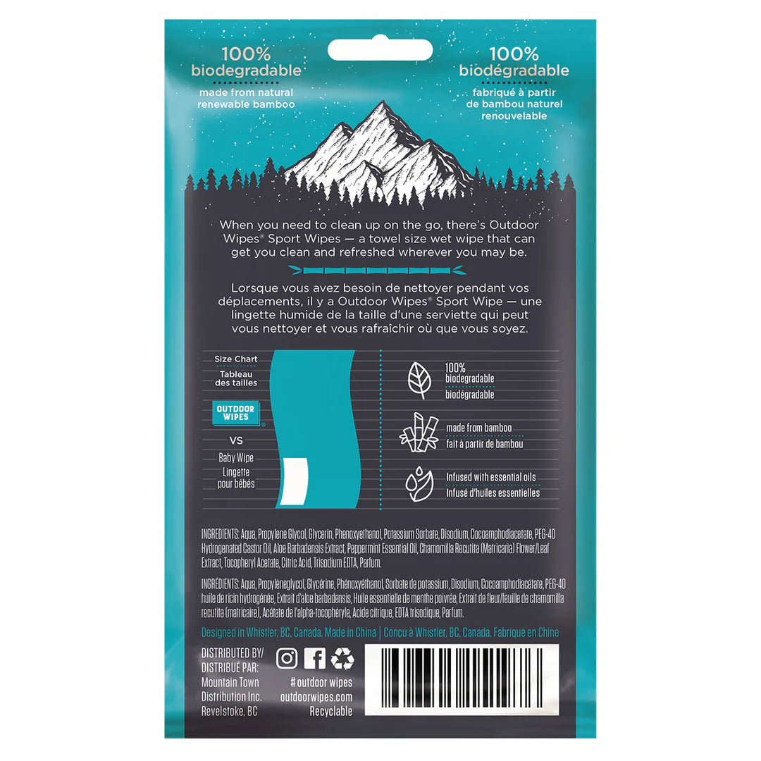 Sport Wipes by Outdoor Wipes in teal packaging, biodegradable bamboo wipes infused with essential oils for on-the-go body care after running or camping
