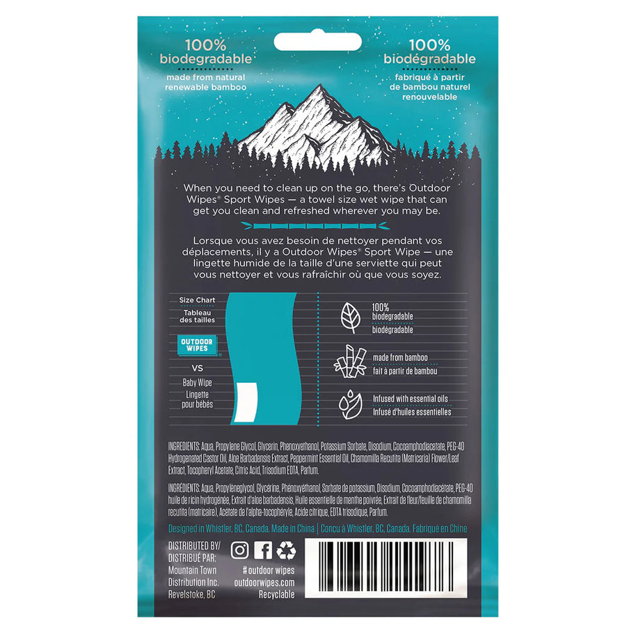 Sport Wipes by Outdoor Wipes in teal packaging, biodegradable bamboo wipes infused with essential oils for on-the-go body care after running or camping
