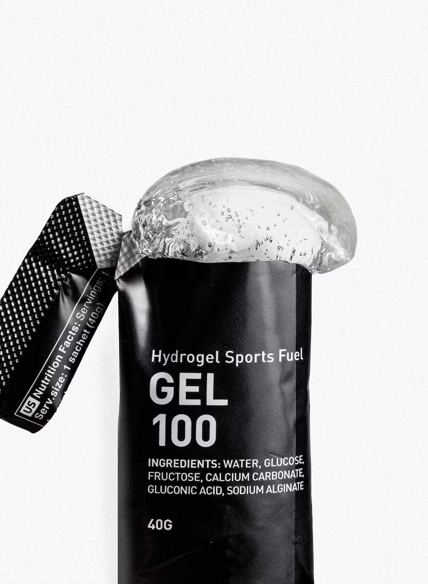 Gel 100 by Maurten in black packaging, hydrogel sports fuel with six natural ingredients, preservative free for running nutrition