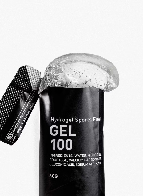 Gel 100 by Maurten in black packaging, hydrogel sports fuel with six natural ingredients, preservative free for running nutrition