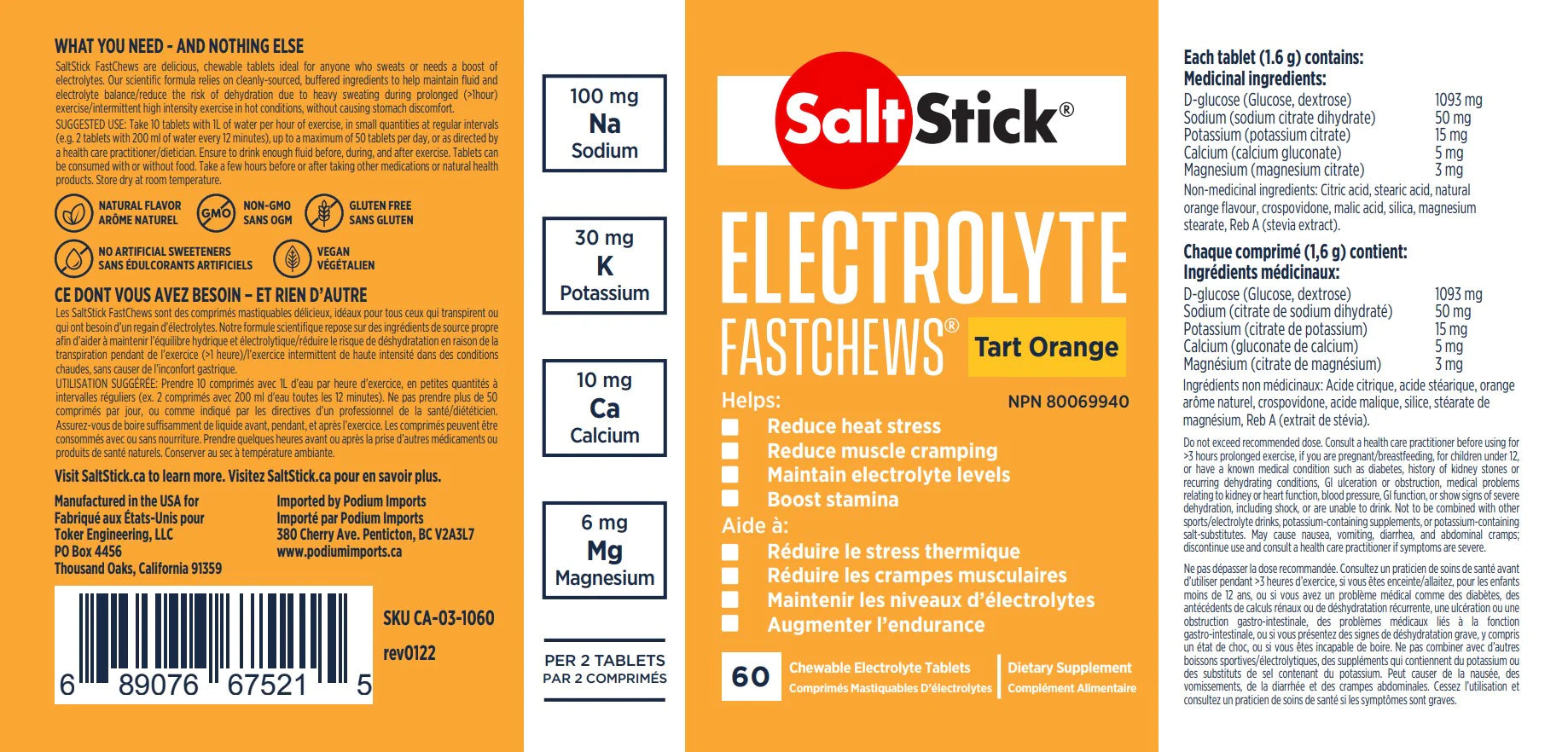 Saltstick Fastchews 60-Tab Bottle in orange by Saltstick, chewable electrolyte tablets with sodium, potassium, magnesium, and calcium for hydration and endurance