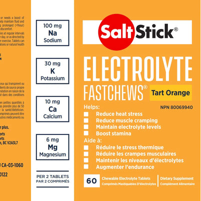 Saltstick Fastchews 60-Tab Bottle in orange by Saltstick, chewable electrolyte tablets with sodium, potassium, magnesium, and calcium for hydration and endurance