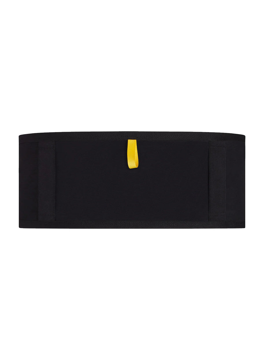 Running Band by Naked in black with yellow tab, high-performance waist belt for carrying fuel, fluids, accessories, and trekking poles