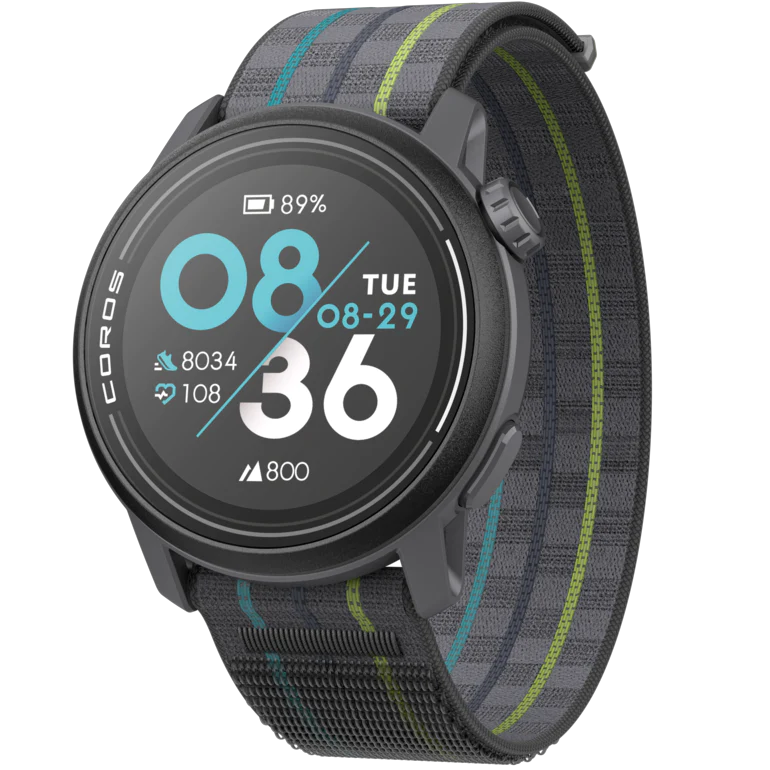 PACE 3 GPS Sport Watch by Coros in black and grey with blue and green stripes, lightweight for training and recovery tracking