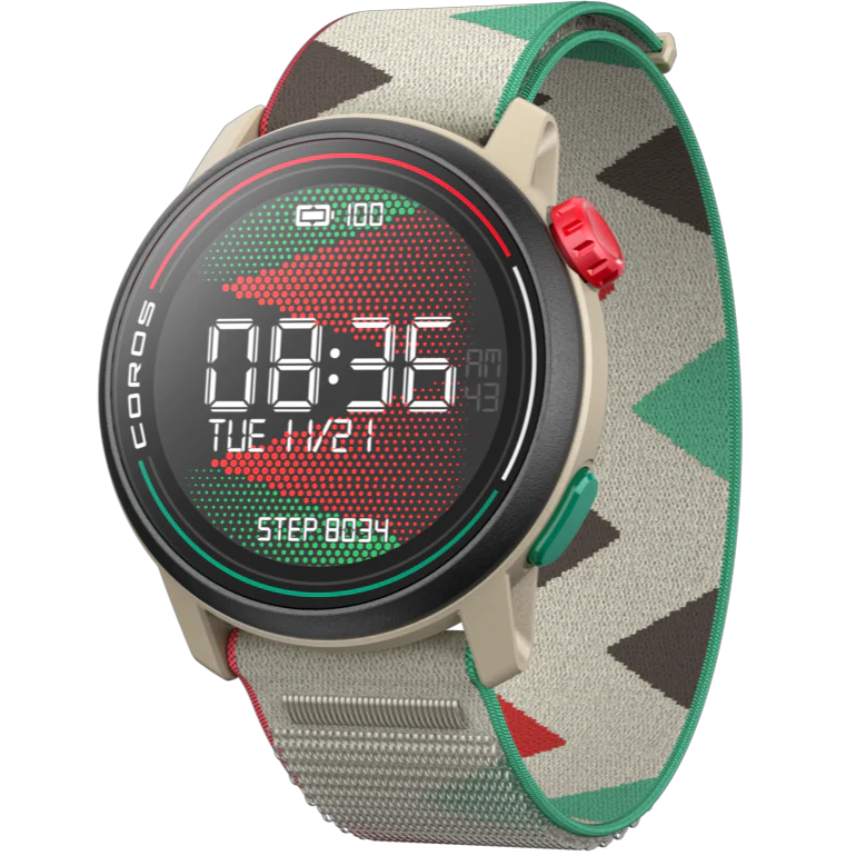PACE 3 GPS Sport Watch by Coros in beige, red, and green, lightweight with advanced training and recovery tracking for running and outdoor use