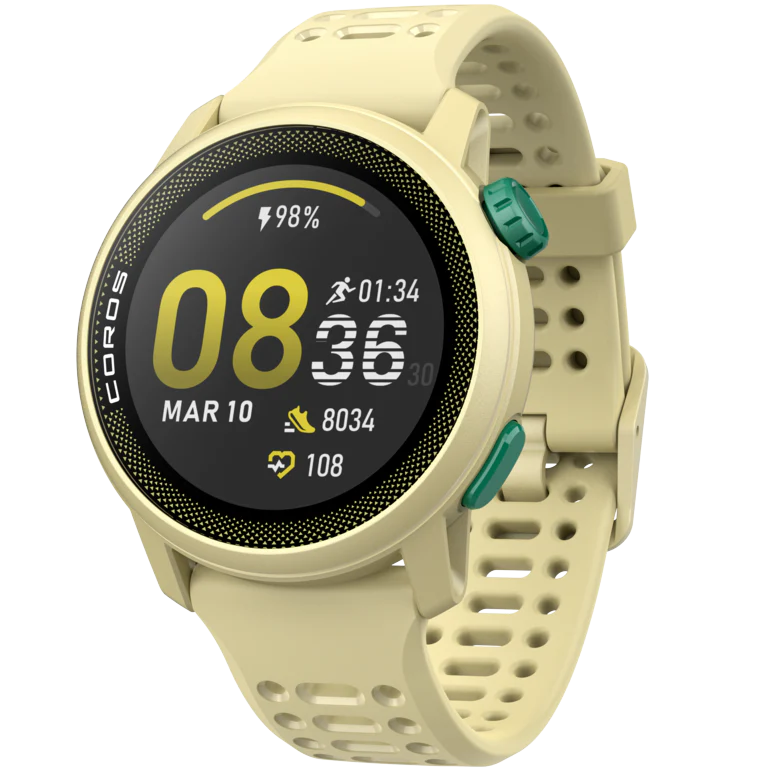 PACE 3 GPS Sport Watch by Coros in beige with green buttons, lightweight GPS watch for tracking training and recovery