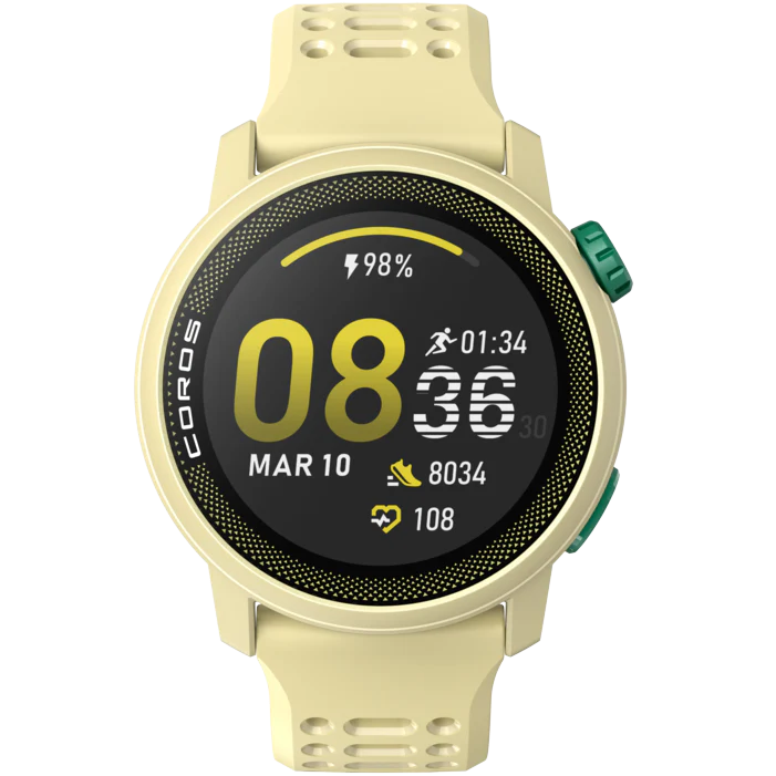 PACE 3 GPS Sport Watch by Coros in light yellow with green buttons, lightweight tracking watch for running and training recovery