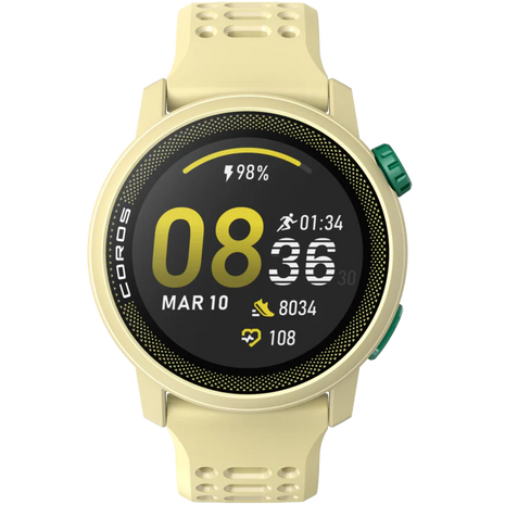 PACE 3 GPS Sport Watch by Coros in light yellow with green buttons, lightweight tracking watch for running and training recovery