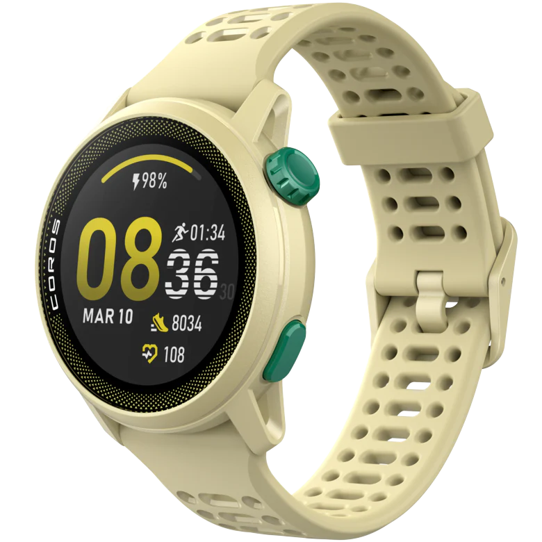 PACE 3 GPS Sport Watch by Coros in light beige with green buttons, lightweight tracking watch for running and training recovery