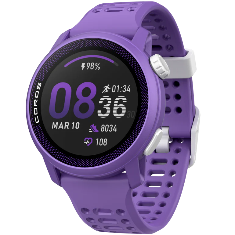 PACE 3 GPS Sport Watch by Coros in purple and white, lightweight with training and recovery tracking, ideal for running and fitness