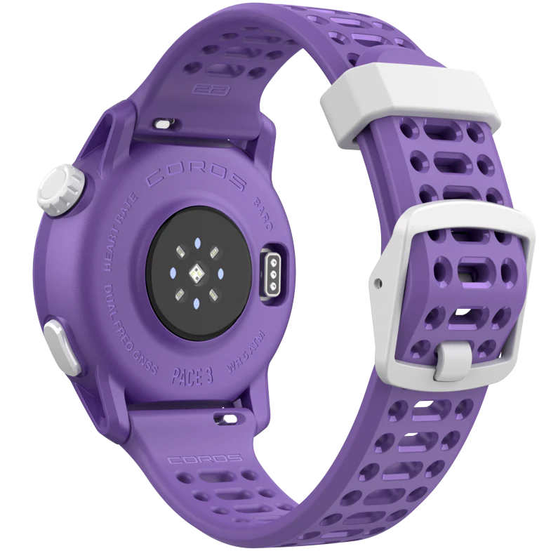 PACE 3 GPS Sport Watch by Coros in purple with white buckle, lightweight GPS watch for training, running and recovery tracking