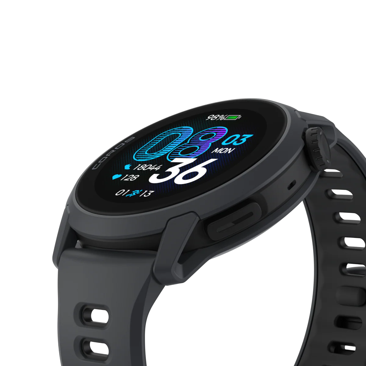 Pace 4 GPS Sport Watch by Coros in black and grey with advanced running metrics tracking including VO2 max for training and performance.