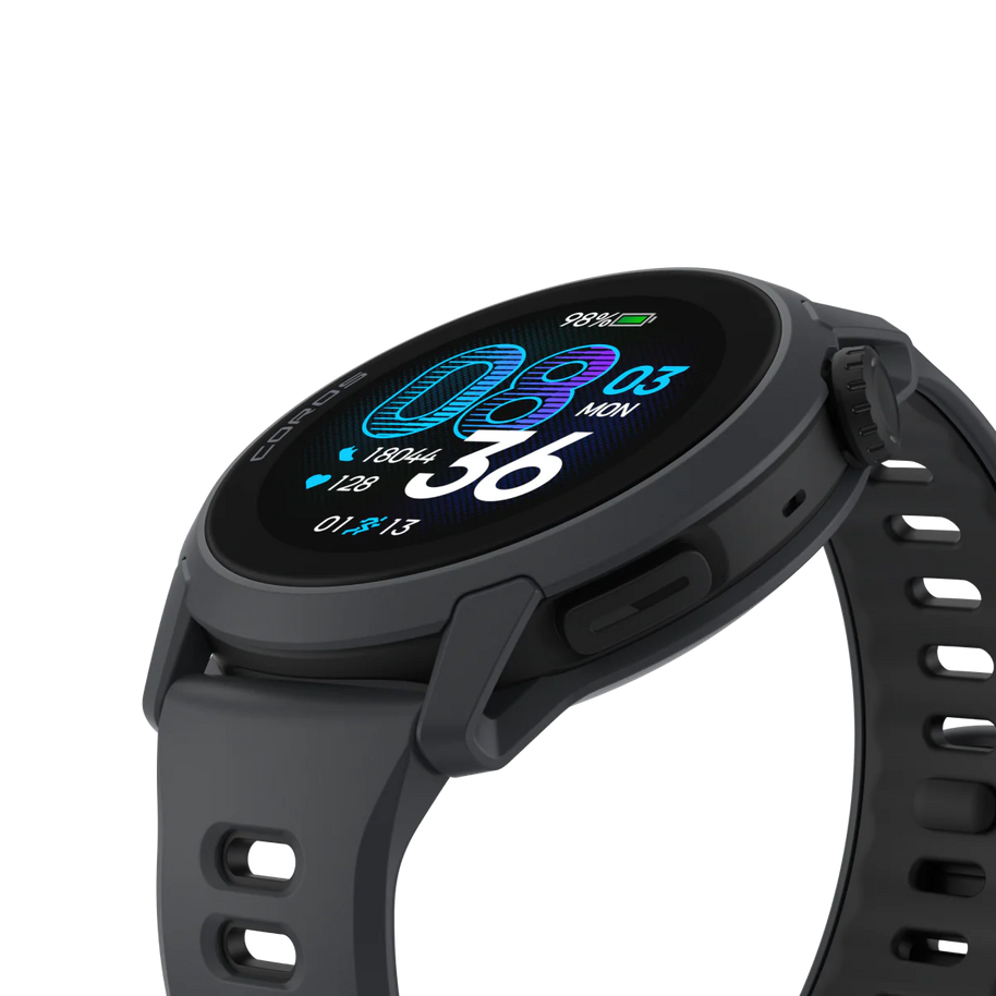 Pace 4 GPS Sport Watch by Coros in black and grey with advanced running metrics tracking including VO2 max for training and performance.