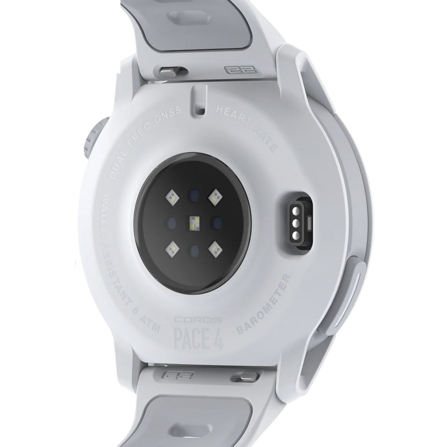 Pace 4 GPS Sport Watch by Coros in white with heart rate sensor, barometer, dual GPS, advanced running metrics tracking for athletes