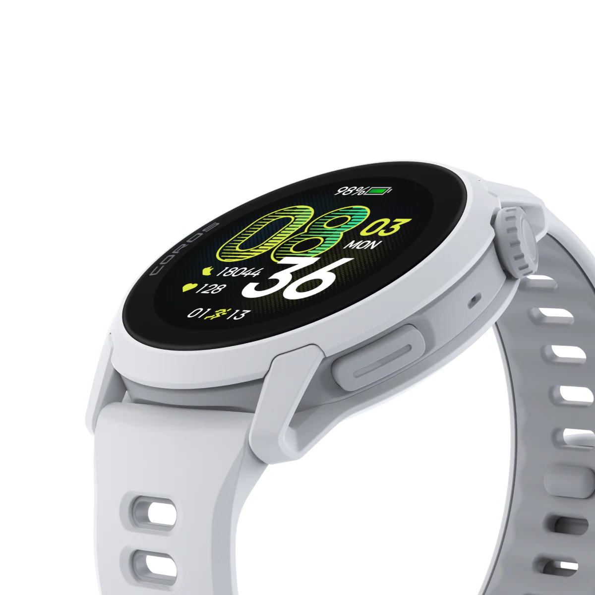 Pace 4 GPS Sport Watch by Coros in white with advanced running metrics tracking including VO2 max and lactate threshold features