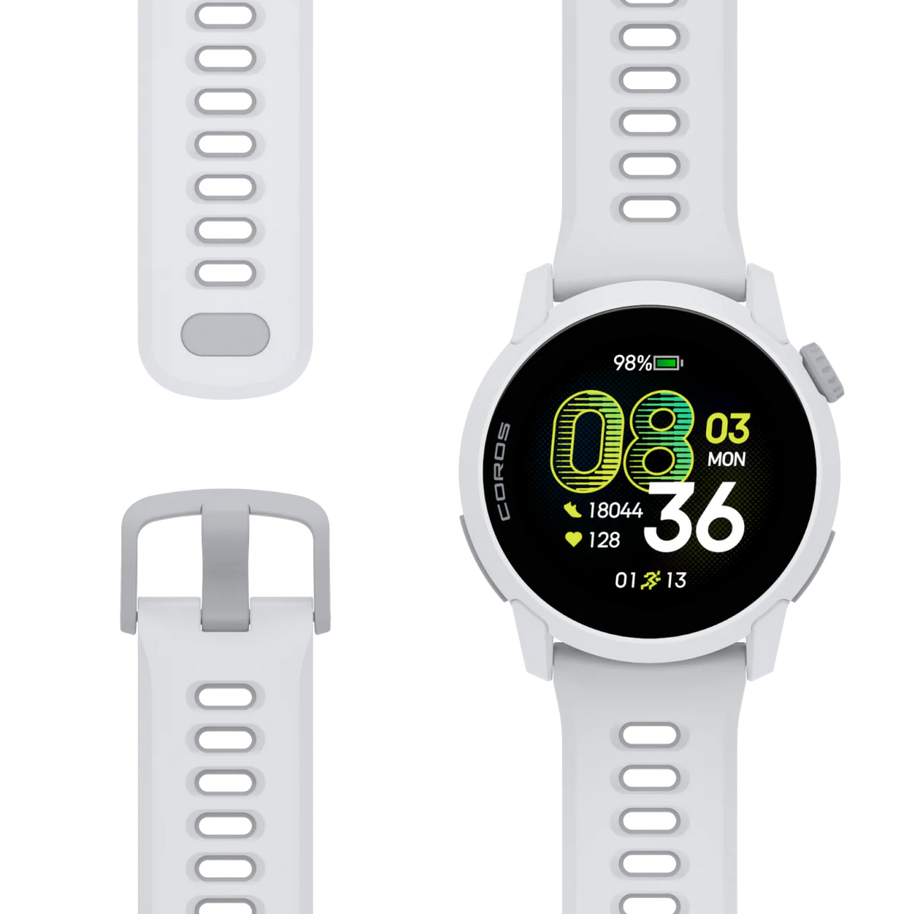 Pace 4 GPS Sport Watch by Coros in white with advanced running metrics tracking VO2 Max, Lactate Threshold, and fitness level