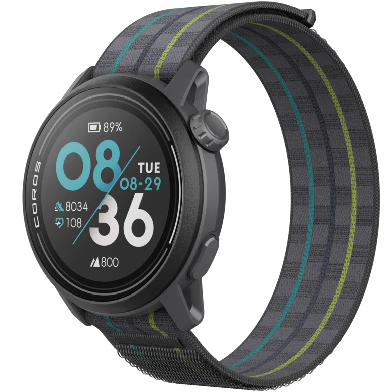 PACE 3 GPS Sport Watch by Coros in black with grey and green striped band, lightweight for training and recovery tracking