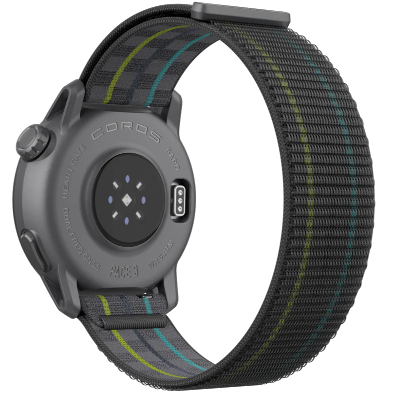 PACE 3 GPS Sport Watch by Coros in black with blue and green stripes, lightweight with advanced training and recovery tracking features