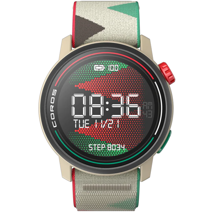 PACE 3 GPS Sport Watch by Coros in beige with red and green accents, lightweight GPS watch for tracking training and recovery