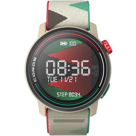 PACE 3 GPS Sport Watch by Coros in beige with red and green accents, lightweight GPS watch for tracking training and recovery