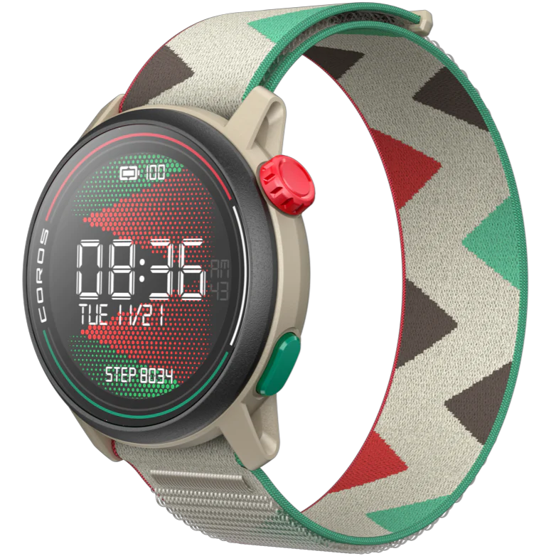 PACE 3 GPS Sport Watch by Coros in beige with multicolor patterned strap, lightweight for training and recovery tracking