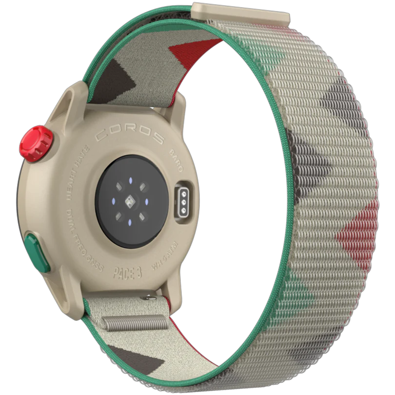 PACE 3 GPS Sport Watch by Coros in beige with multicolor band, lightweight GPS watch for training and recovery tracking