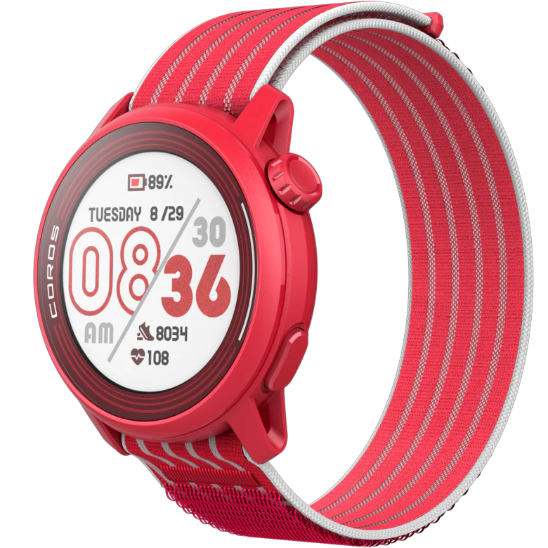 PACE 3 GPS Sport Watch by Coros in red with white strap, lightweight sport watch for training and recovery tracking