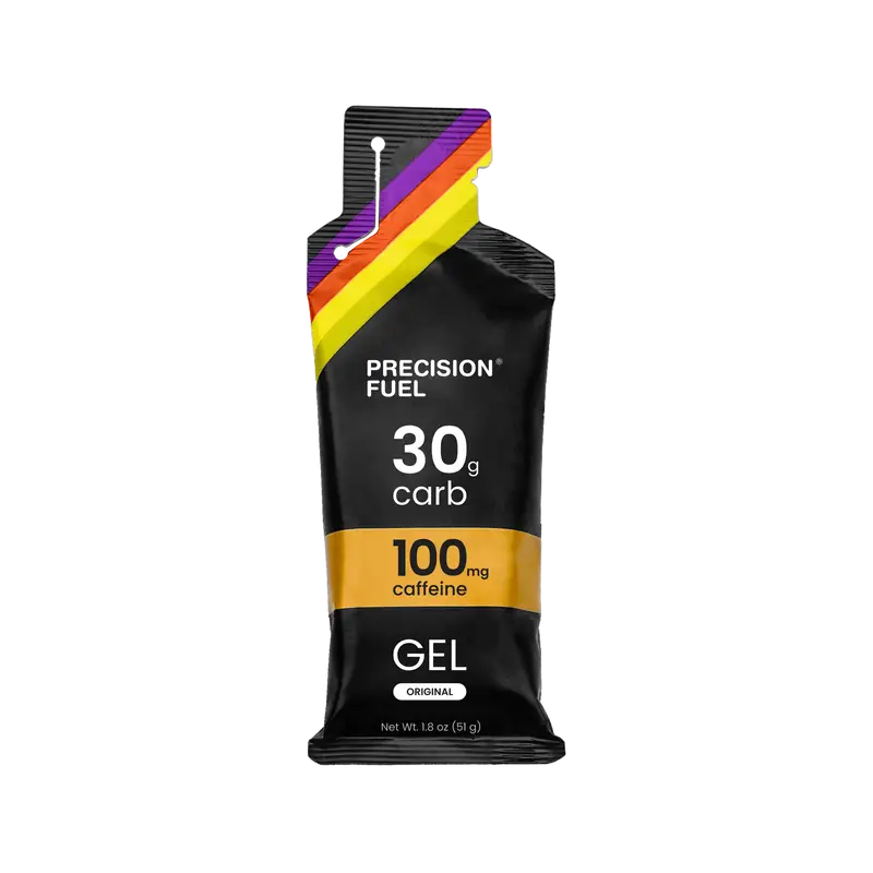 PF Gel w/Caffeine by Precision Fuel in black with yellow, red, purple stripes, 30g carb and 100mg caffeine for endurance running nutrition