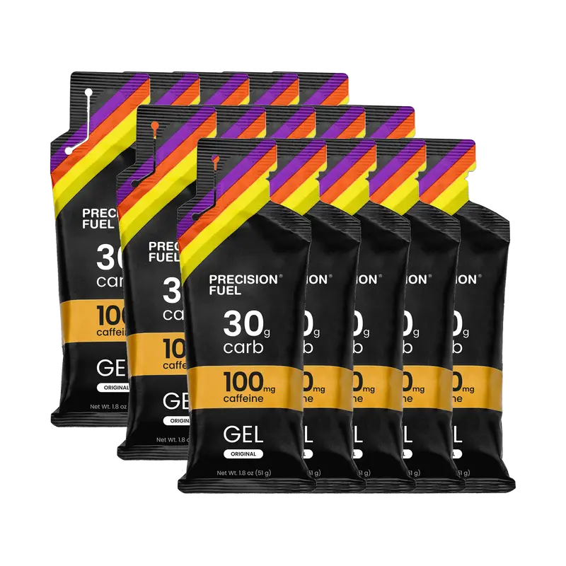 PF Gel w/Caffeine by Precision Fuel & Hydration in black and orange, 30g carb gel with 100mg caffeine for running nutrition and energy boost