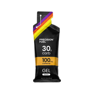 PF Gel w/Caffeine by Precision Fuel in black with yellow, red, purple stripes, 30g carb and 100mg caffeine for endurance running nutrition
