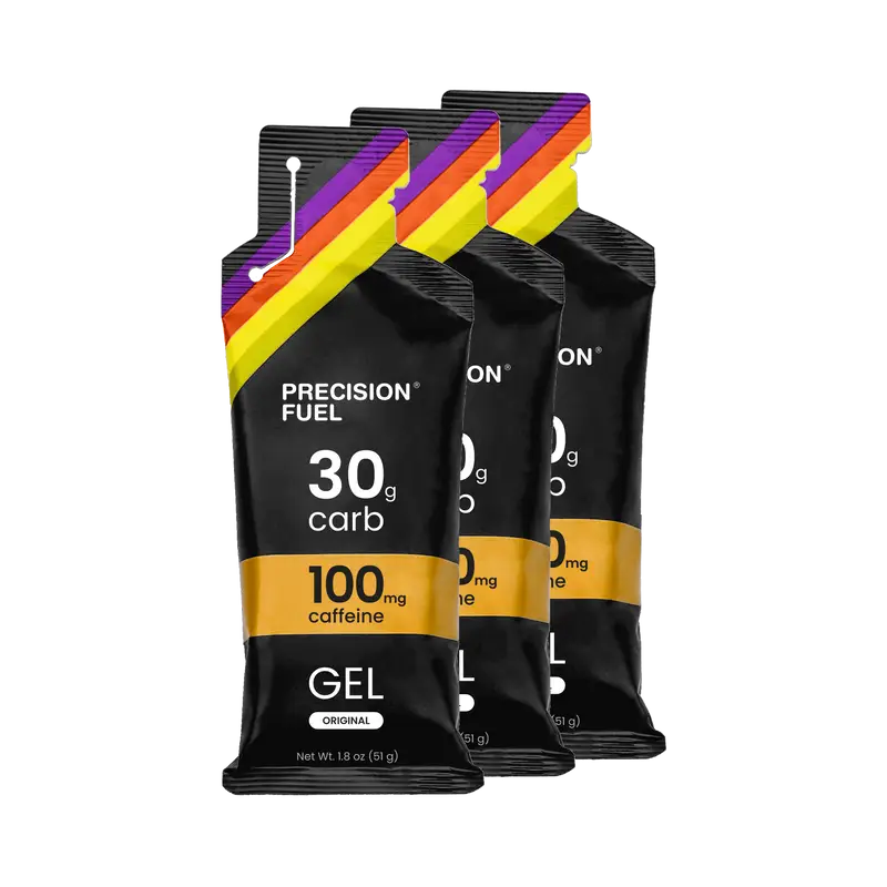 PF Gel w/Caffeine by Precision Fuel & Hydration in black with yellow and purple, energy gel with 30g carbs and 100mg caffeine for running nutrition