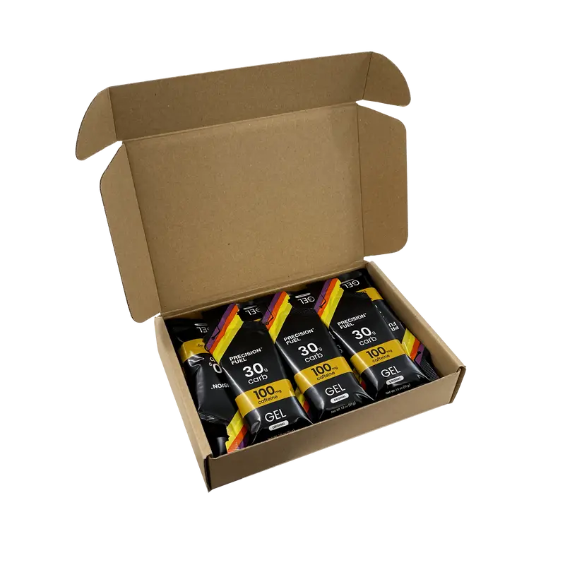 PF Gel w/Caffeine by Precision Fuel & Hydration in black with yellow and red, 30g carbs and 100mg caffeine energy gel for running and endurance
