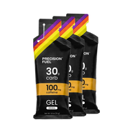 PF Gel w/Caffeine by Precision Fuel & Hydration in black with yellow and purple, energy gel with 30g carbs and 100mg caffeine for running nutrition