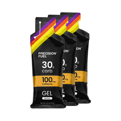 PF Gel w/Caffeine by Precision Fuel & Hydration in black with yellow and purple, energy gel with 30g carbs and 100mg caffeine for running nutrition