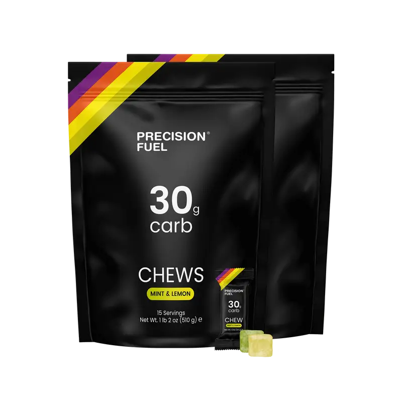 PF 30 Chew by Precision Fuel & Hydration in black pouch with mint & lemon flavour, high carb energy chews for running and outdoor nutrition
