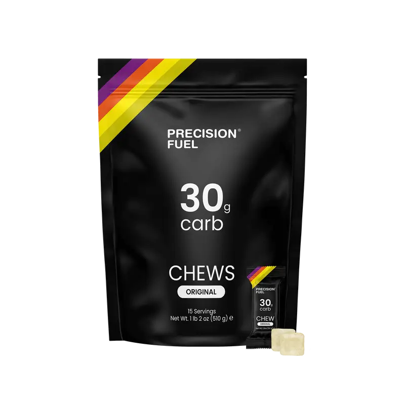 PF 30 Chew by Precision Fuel & Hydration in black with rainbow stripe, high carb energy chews with 30g carbs per serving for running nutrition