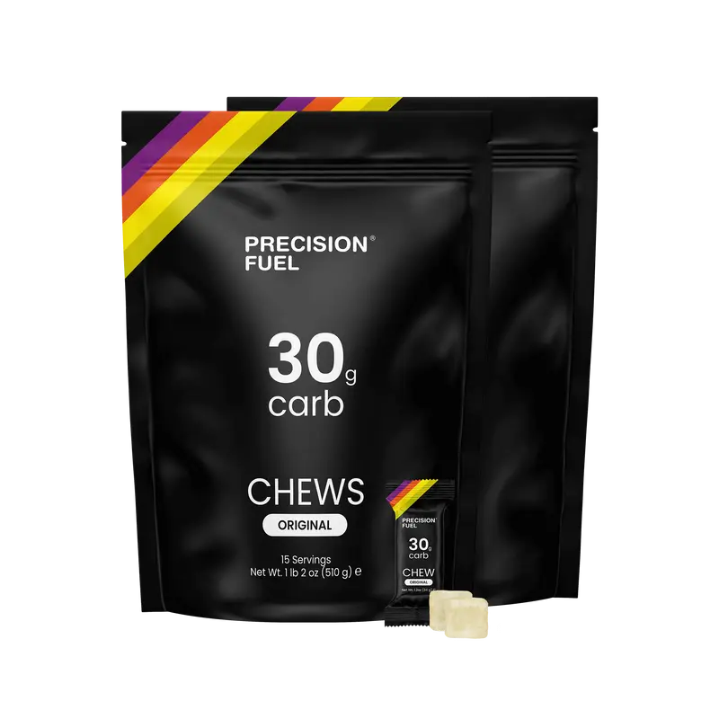 PF 30 Chew by Precision Fuel & Hydration in black pouch, high carb energy chews with 30g carbs per serving for running and endurance nutrition