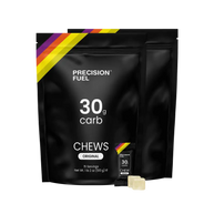PF 30 Chew by Precision Fuel & Hydration in black pouch, high carb energy chews with 30g carbs per serving for running and endurance nutrition