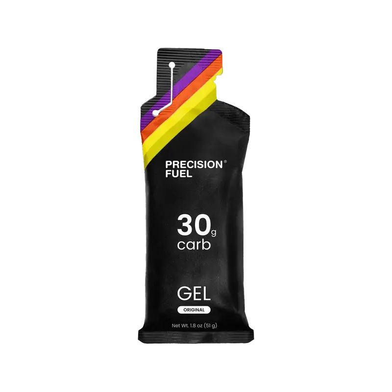 PF Gel Original by Precision Fuel & Hydration in black pack, citrus-flavored carb gel with 30g carbohydrate for fast energy during running